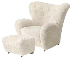 Set of Off White Sheepskin the Tired Man Lounge Chair and Footstool by Lassen