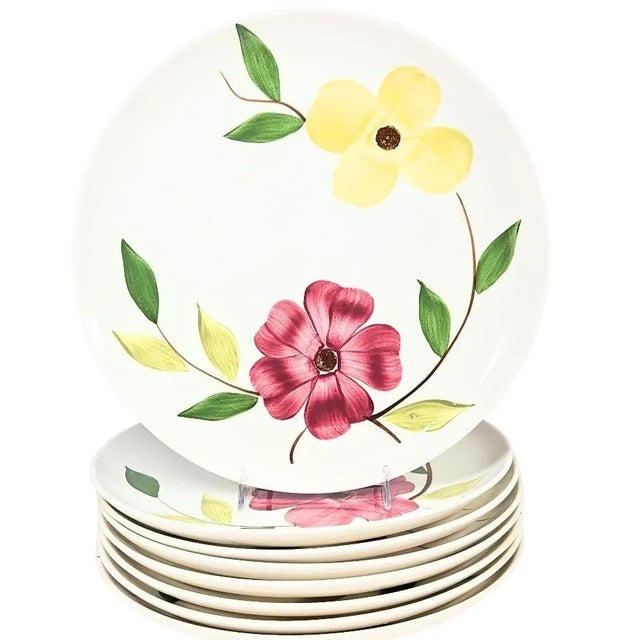 Mid-Century Pink and Yellow Dogwood Plates- Set of Eight For Sale - Image 6 of 15