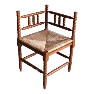 Antique Dutch Oak Corner Chair with Rush Seat, 1920s For Sale