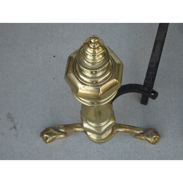 Pair of Vintage American Federal Brass Andirons W Wrought Iron Log Holders For Sale - Image 9 of 9