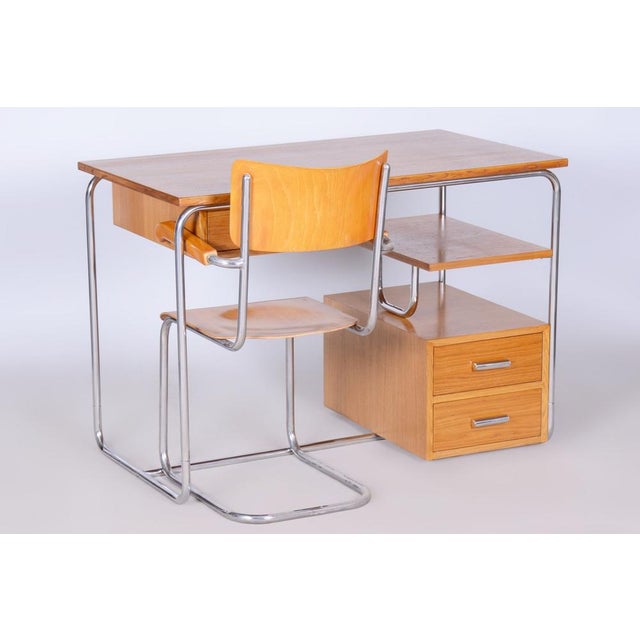 Bauhaus Writing Desk in Oak, Chrome-Plated Steel, Germany, 1930s For Sale - Image 6 of 17