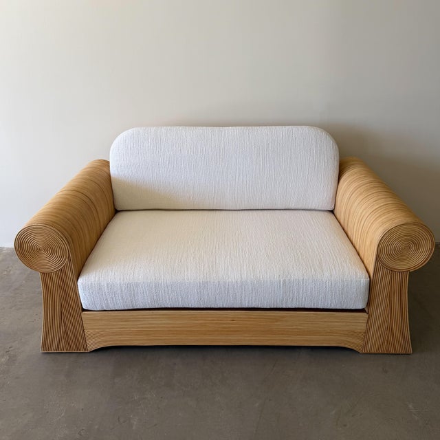 Adrian Pearsall Vintage 1970s Pencil Reed Loveseat, Bouclé Upholstered Bamboo Settee, Coastal Boho Rattan Sofa For Sale - Image 4 of 15