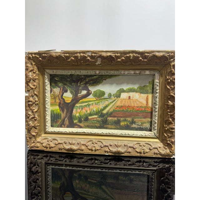Vintage miniature landscape painting on wood panel and in antique frame with crusty patina