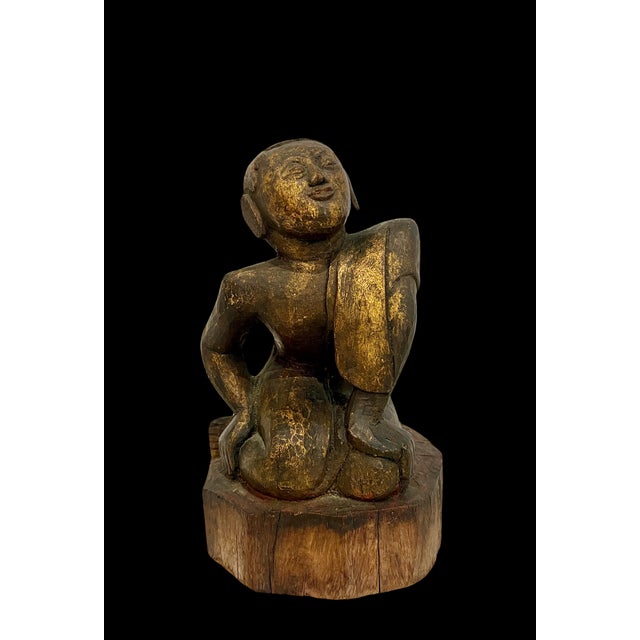 Figurative Late 19th Century Antique Wood Hand Carved Burmese Monk Figure With Gilding For Sale - Image 3 of 12