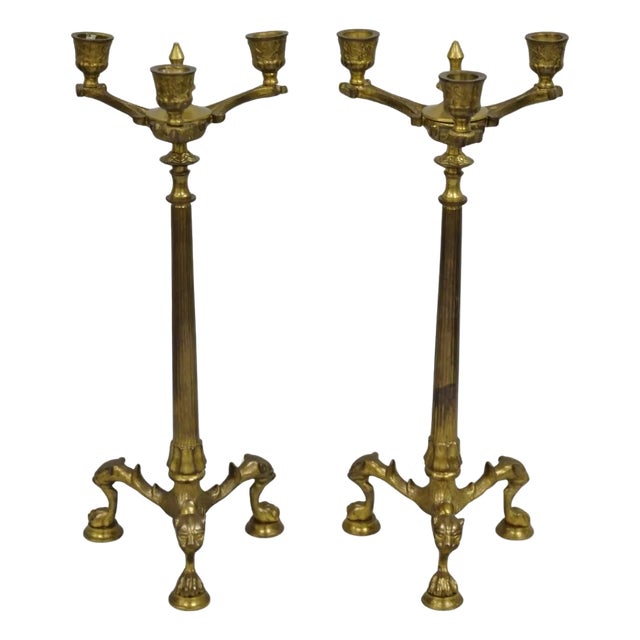 Antique French Renaissance Gothic Figural Brass 16" Candelabra W/ Lions - A Pair For Sale