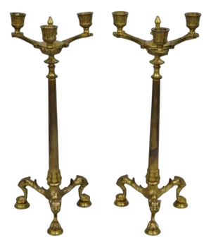 Antique French Renaissance Gothic Figural Brass 16" Candelabra W/ Lions - A Pair