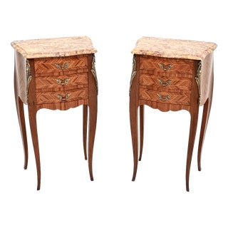 Antique French Inlaid Parquetry Marble Top Bedside Chests, 1900, Set of 2 For Sale
