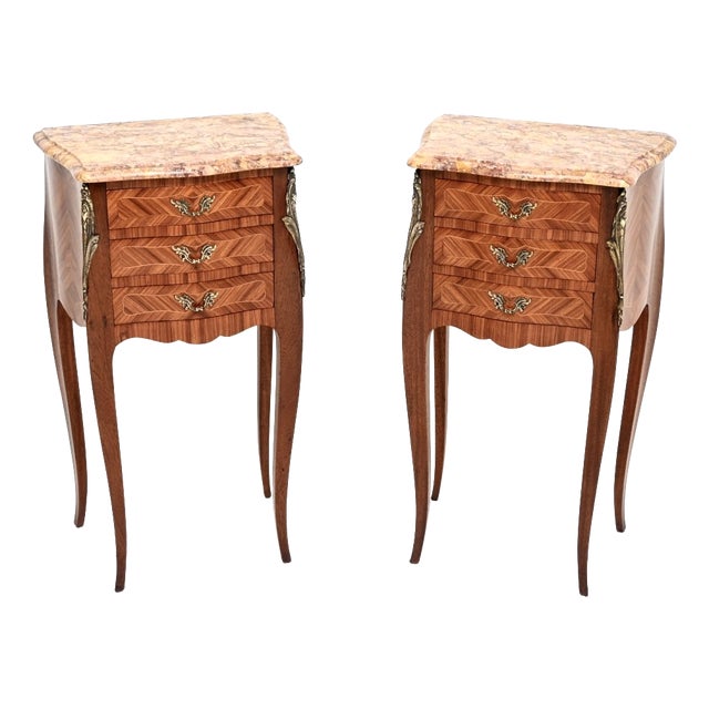 Antique French Inlaid Parquetry Marble Top Bedside Chests, 1900, Set of 2 For Sale