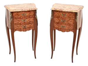 Antique French Inlaid Parquetry Marble Top Bedside Chests, 1900, Set of 2