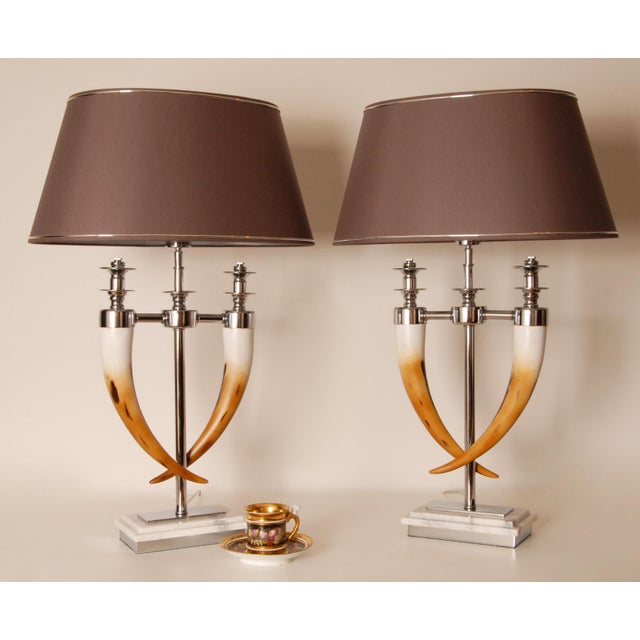 Vintage Chrome Table Lamps Faux Horn Silver Marble Base Modern Table Lamps a Pair For Sale - Image 6 of 11