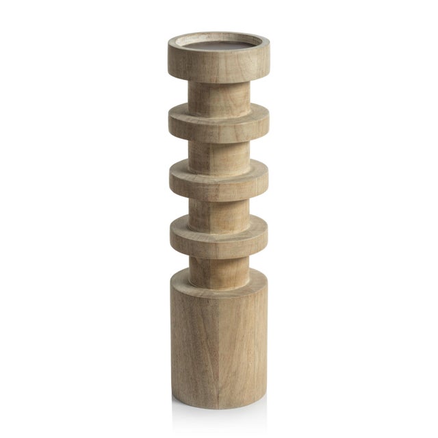 Contemporary Larache Carved Mango Wood Pillar Candle Holder, Large For Sale - Image 3 of 3