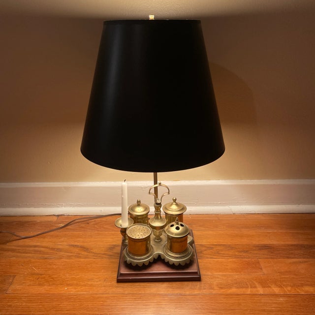 Very Rare Period English Brass inkwell Standish converted into a lamp. Has a candlestick holder for light and melting wax...