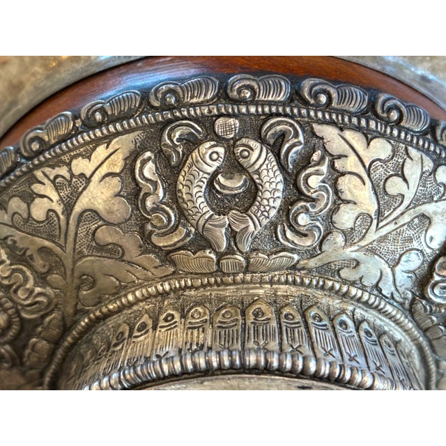 Antique Tibetan Silver & Wood Jha Pho Tsampa Bowl – Buddhist Auspicious Decor For Sale - Image 9 of 15