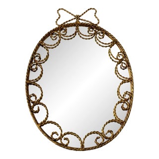 Gilt Metal Rope & Bow Wall Mirror, Hollywood Regency 1950s For Sale