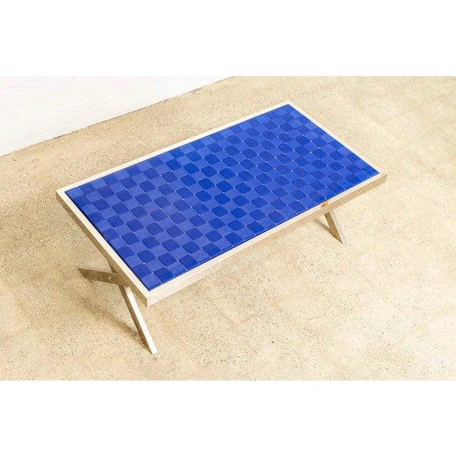 Royal Blue Mid Century Modern Chrome and Blue Strap Bench Milo Baughman Style For Sale - Image 8 of 10