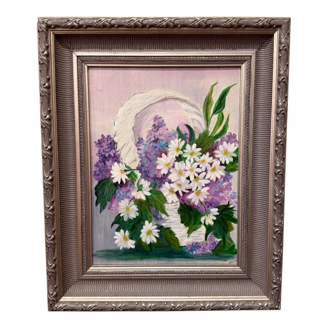 Contemporary Lilacs and Daisies Beautiful Floral Painting Framed and Signed For Sale