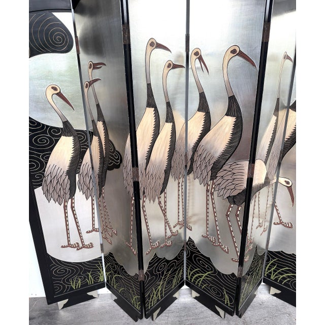 Art Deco Style Six-Panel Silver Leaf Crane Screen, Hong Kong, Circa 1980 For Sale - Image 15 of 18