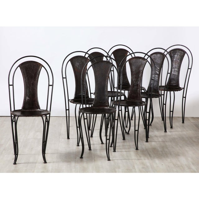 Italian Leather and Metal Bistro Dining Chairs, Circa 1960 Set of 8