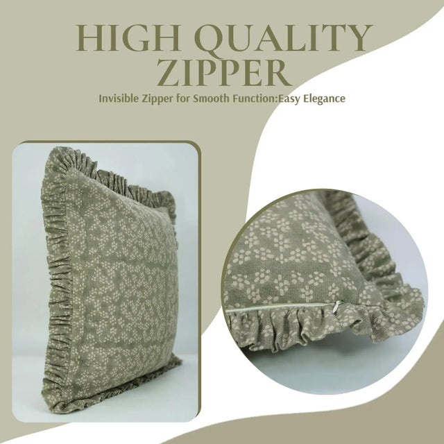 Art Deco Fabdivine Elegant Block Printed Frill Cushion Cover Green 18x18 Inch Thick Linen- Ola Vrishti For Sale - Image 3 of 5