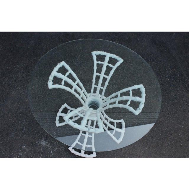 Hollywood Regency Hollywood Regency Cast Aluminum Faux Bamboo Round Glass Top Patio Table For Sale - Image 3 of 18