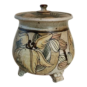 Mid-Century Hand Thrown California Studio Pottery Lidded Jar With Scrolled Feet and Lilly Glaze