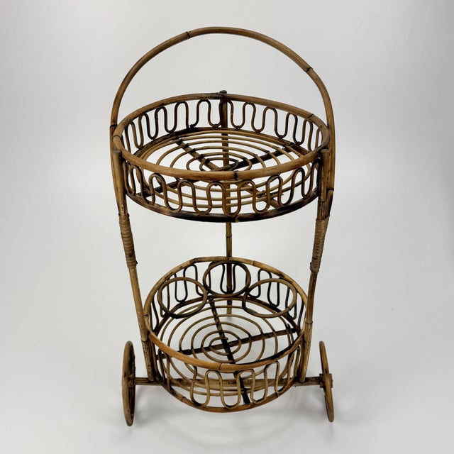 Mid-Century Modern Vintage Bamboo Rattan Serving Bar Cart, Italy, 1950s For Sale - Image 3 of 9