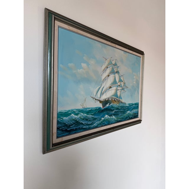 Mid-Century Modern 1970s Vintage Sailing Ship Seascape Oil on Canvas Painting, Framed For Sale - Image 3 of 12