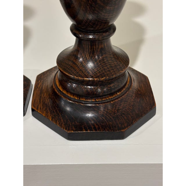 Brown Antique English Oak Turned Candlesticks With Brass Candle Cups - A Pair For Sale - Image 8 of 13