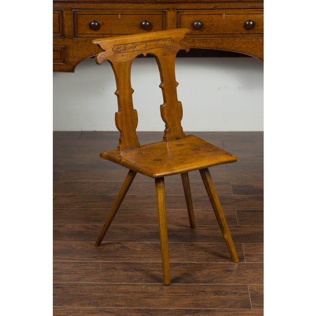English English 1850s Oak Chair with Pierced Back, Carved Inscription and Wooden Seat For Sale - Image 3 of 12