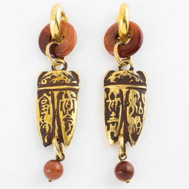 Contemporary Zoe Coste Boho Ethnic Chic Cocoa Brown and Gilded Resin Dangle Clip Earrings For Sale - Image 3 of 9