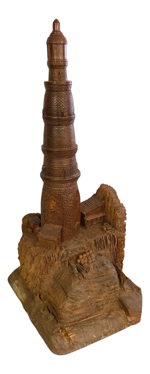 Antique Wood Carved Sculpture of Lighthouse + Village | Early 20th Century Folk Art