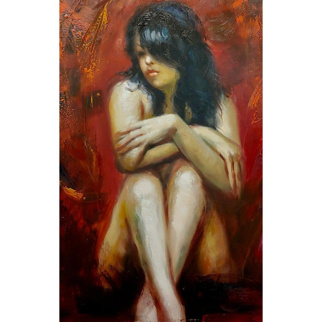 Henry Asencio -Dark Hair Woman Seated Nude-Painting on Canvas For Sale - Image 4 of 9