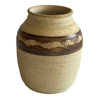 Handmade Tan and Brown Pottery Vase For Sale