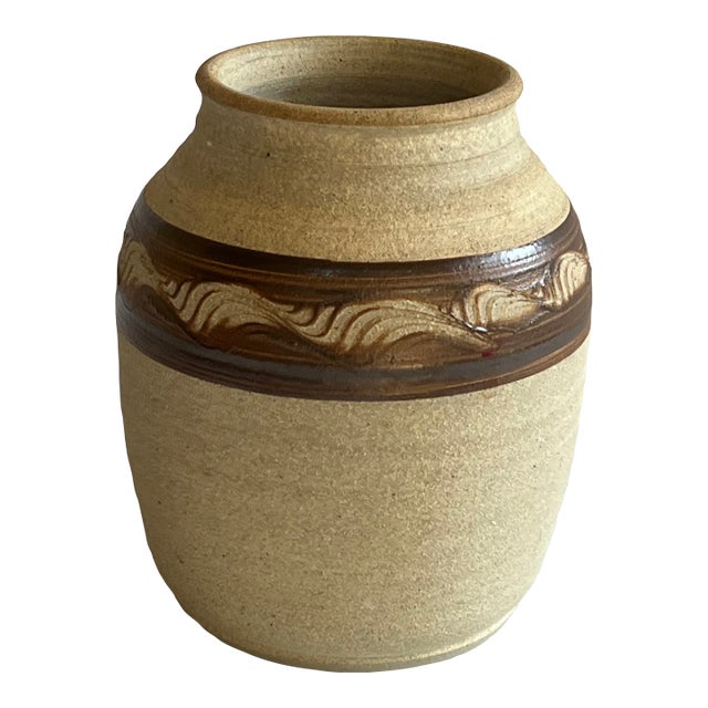 Handmade Tan and Brown Pottery Vase For Sale