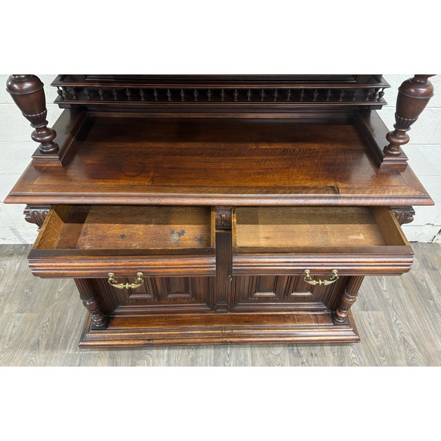 Antique Late 1800s French Renaissance Revival Walnut Step Back Bookcase Cabinet For Sale - Image 16 of 17