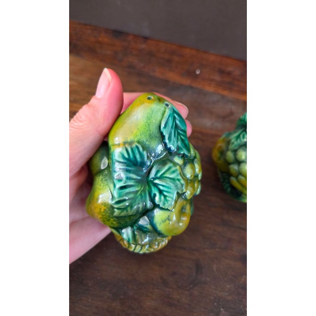 1960s Inarco E2604 Green Majolica-Style Fruit Salt and Pepper Shakers — Pair For Sale - Image 12 of 14