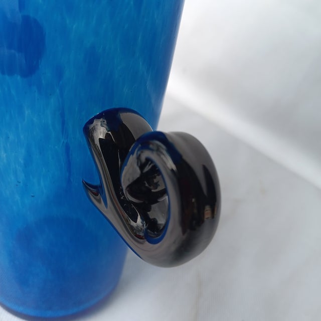 Late 20th Century Late 20th Century Ruffled Edge Blue Art Glass Vase With Handles For Sale - Image 5 of 5