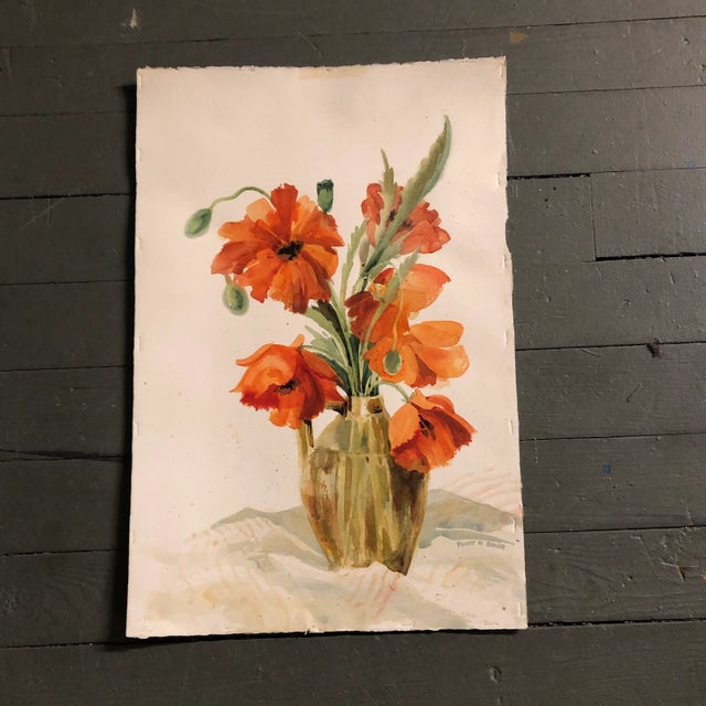 Orange Original Vintage Watercolor Poppy Still Life Painting Signed 1970’s For Sale - Image 8 of 8
