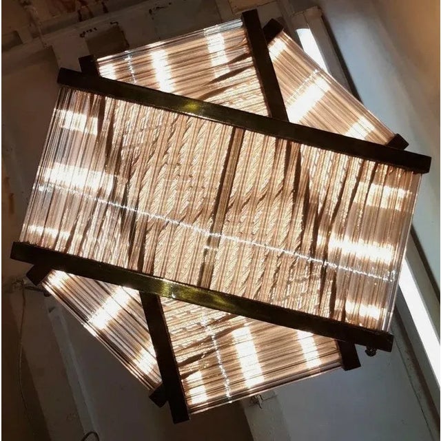 Vintage Art Deco Skyscraper Rod Ship Chandelier Fixture in Brass & Glass For Sale - Image 4 of 8