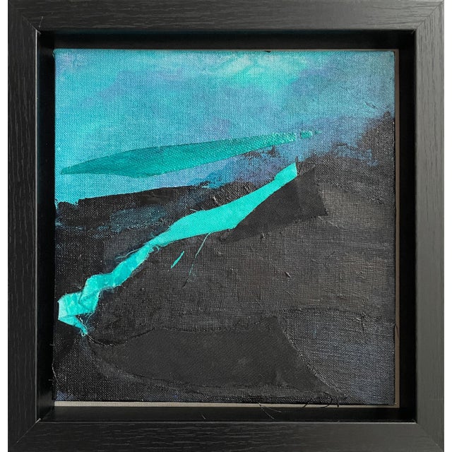 Miniature Black and Teal Abstract Collage Painting in Shadow Box Frame – Modern Bookshelf Art Decor For Sale