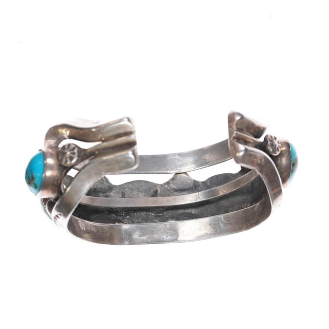 6.25" Vintage Navajo hand stamped heavy sterling/turquoise row cuff bracelet For Sale In Austin - Image 6 of 10