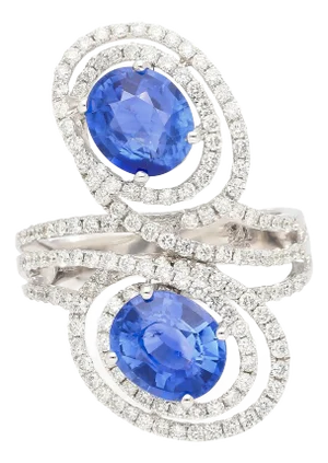 4.51 Carat Oval Blue Sapphire & Diamond Two Stone Vertical Pave Swirl Ring