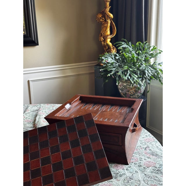 English Estate Hand Made in Peru Leather Chess & Backgammon Game Box For Sale - Image 3 of 13