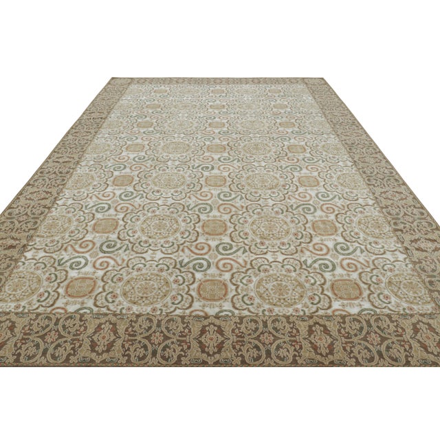 Rug & Kilim Rug & Kilim’s European Style Rug in Cream-White With Medallions in Green & Beige For Sale - Image 4 of 7