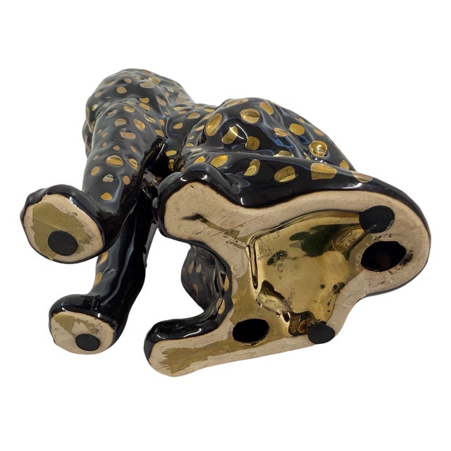 2010s Contemporary Art Deco Style Seated Black and Gold Ceramic Leopard Sculpture For Sale - Image 5 of 5