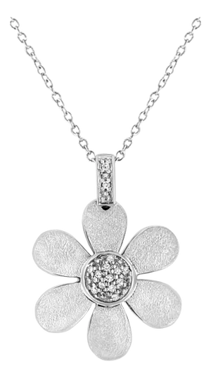 .925 Sterling Silver Pave-Set Diamond Accent Flower 18" Pendant Necklace
