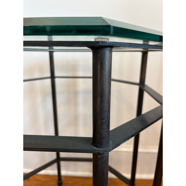 Patinated Brass and Beveled Glass Octagonal Side Table Campaign Style For Sale - Image 9 of 12