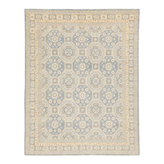 Blue and Beige Modern Oushak Style Handmade Wool Rug With Geometric Design For Sale