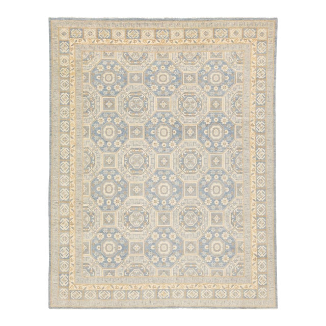 Blue and Beige Modern Oushak Style Handmade Wool Rug With Geometric Design For Sale