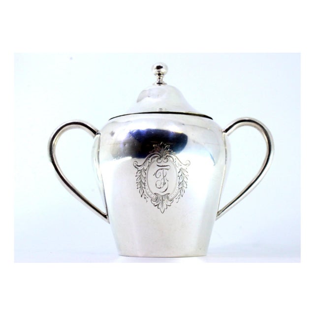 Metal Silver Sugar Bowl with Handles, Engraved Monogram Plaque and Knob Lid For Sale - Image 7 of 8